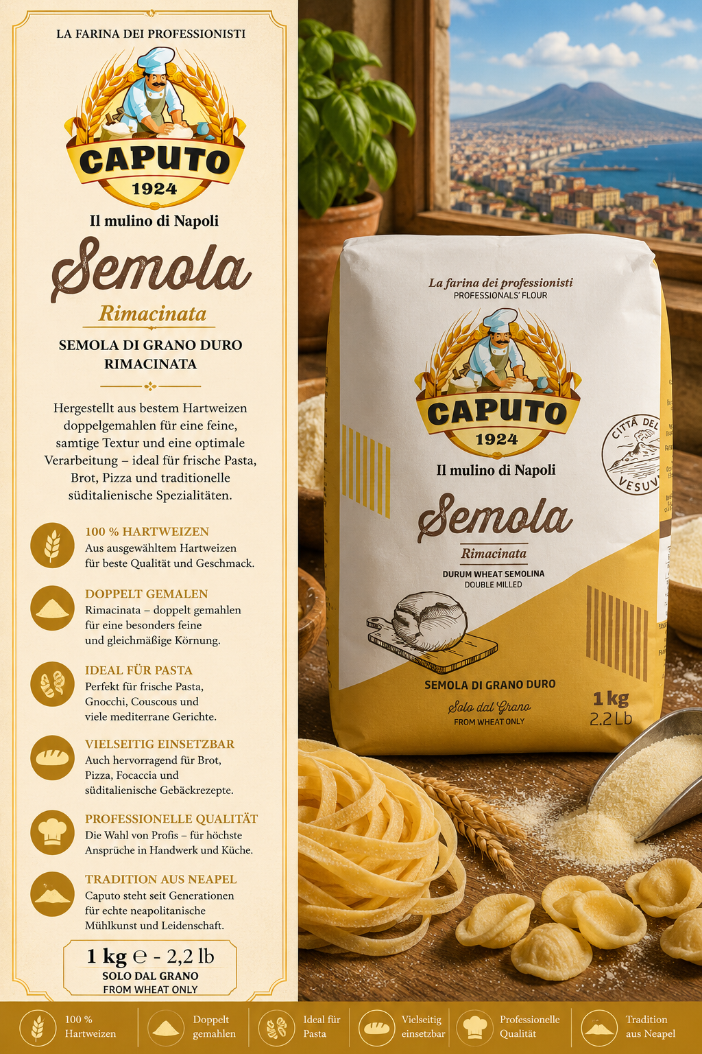 Mehl, Pasta, Semola, 1 kg, Hartweizen