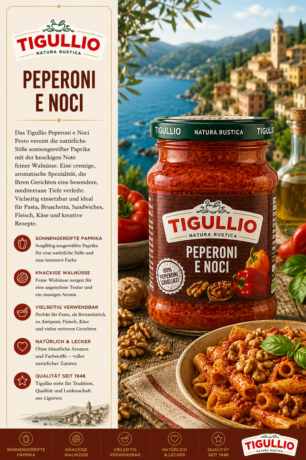 peperoni, noci, pasta sauce, gläser, tigullio