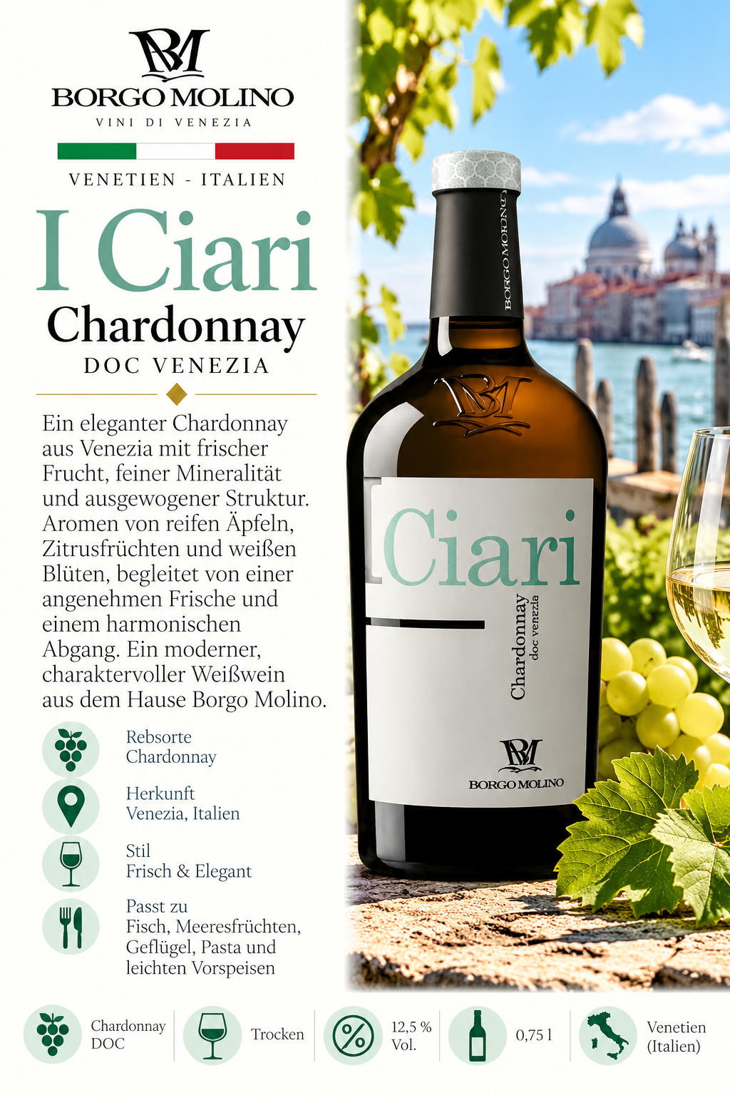 Chardonnay, Weißwein, Weißweinflasche, Etikett, Venezia