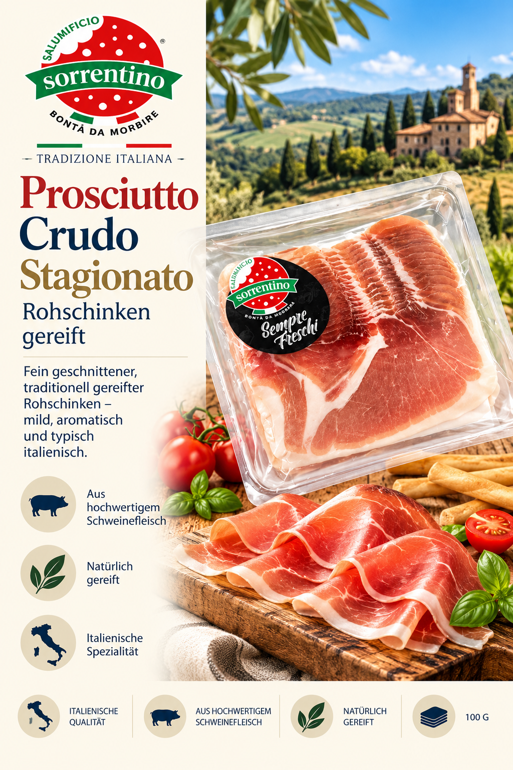Prosciutto, Rohschinken, Stück, italienische Spezialität, 100 g