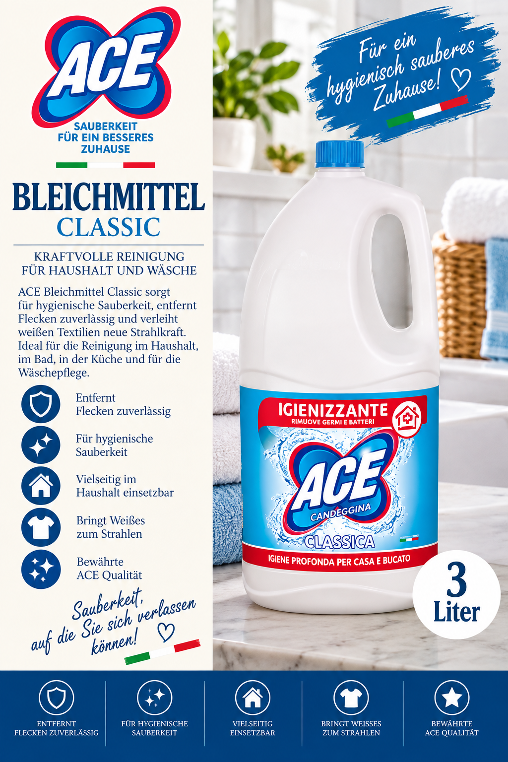 Bleichmittel, Classic, Kraftvolle Reinigung, Haushalt, 3 Liter