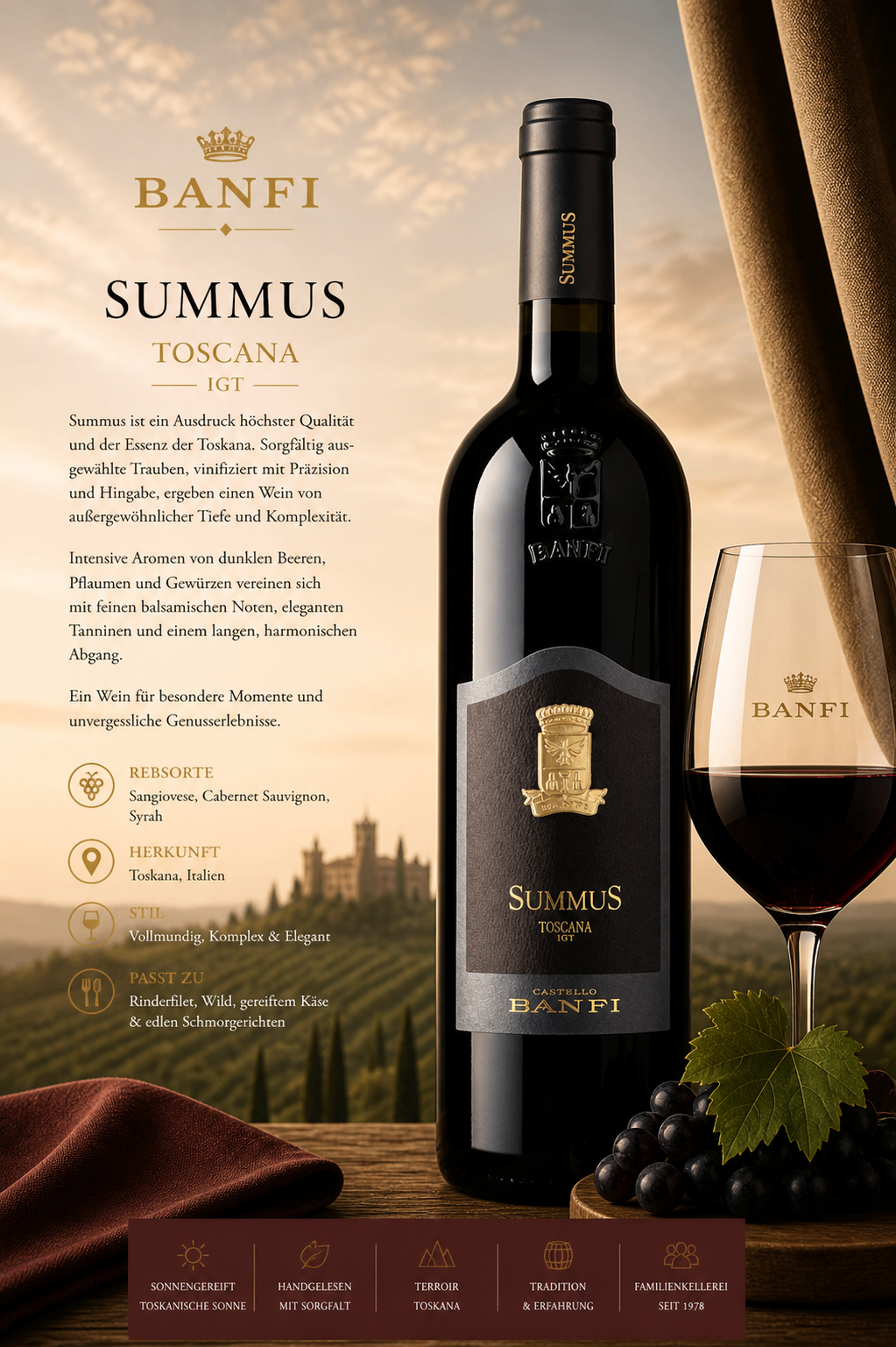 Wein, Rotwein, Sommus, Toscana, Flasche