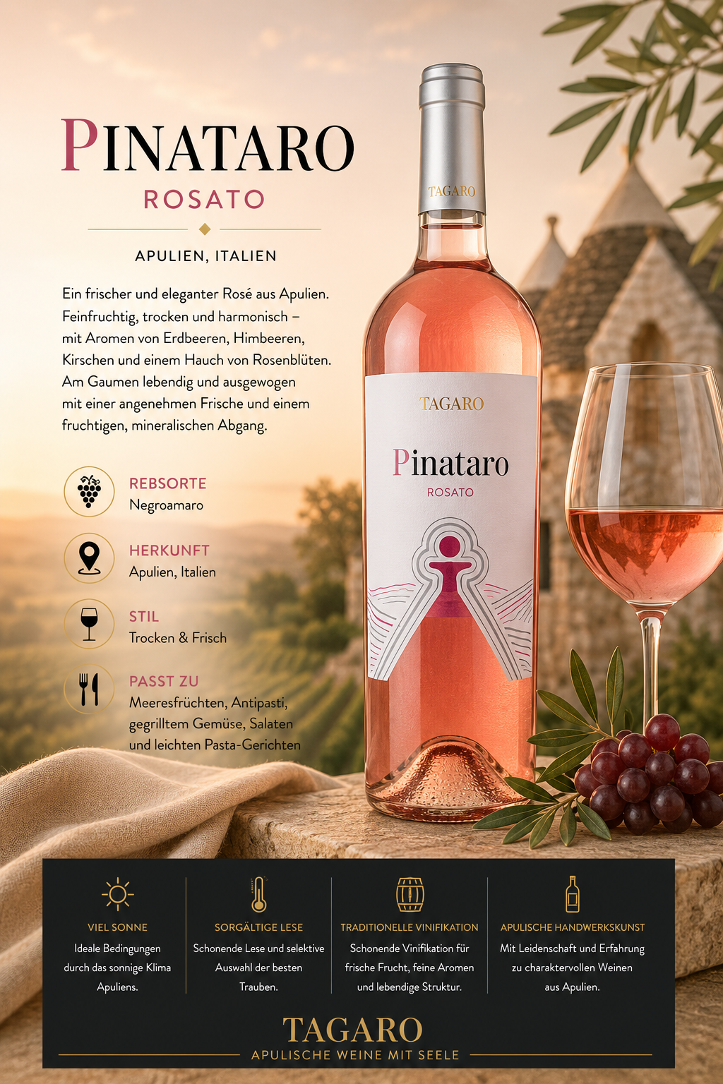 rosé, weinflasche, Pinataro, weinglas, trauben