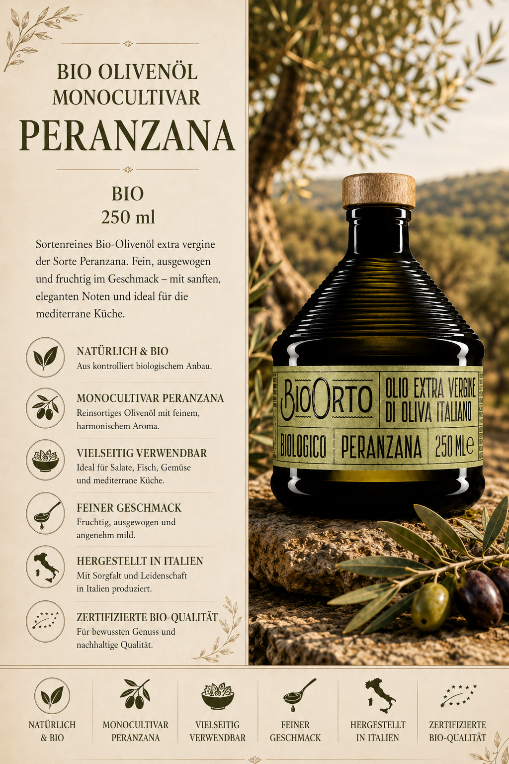 Olivenöl, Bio, Peranzana, Monocultivar, 250 ml