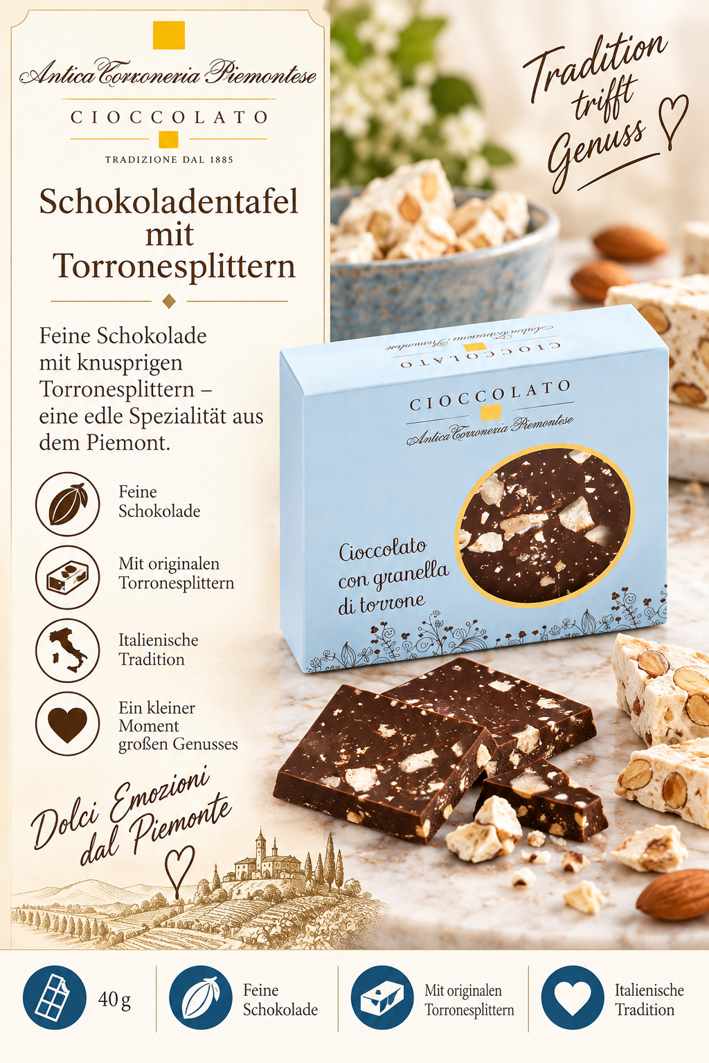 Schokoladentafel, Tomoronesplitter, Feine Schokolade, Italienische Tradition, Nussstücke
