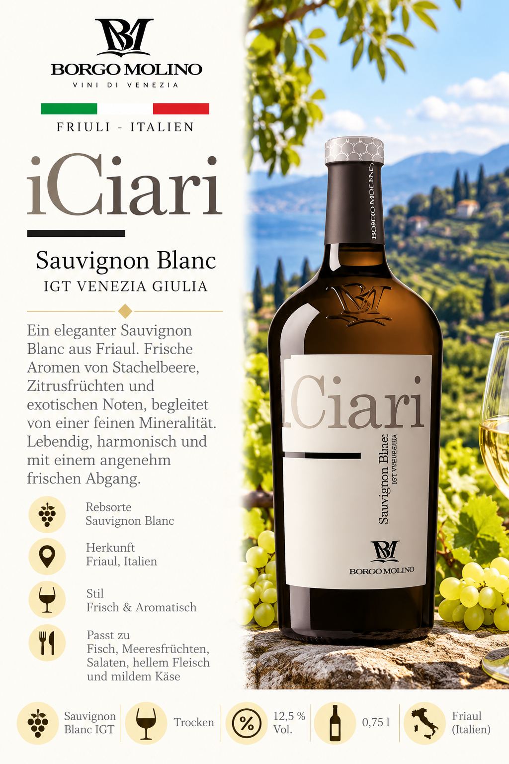 Sauvignon Blanc, Weißwein, IGT Venezia Giulia, Italien, Flasche