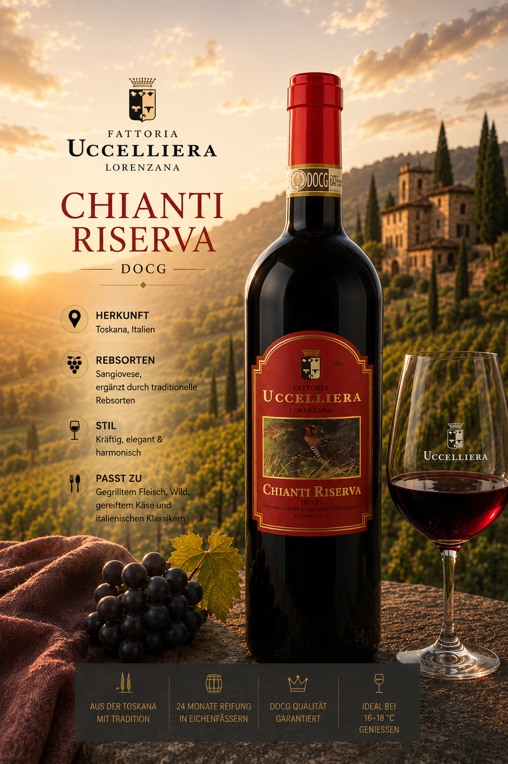 Chianti Riserva, Rotwein, Flasche, Korkenrot, Weinglas