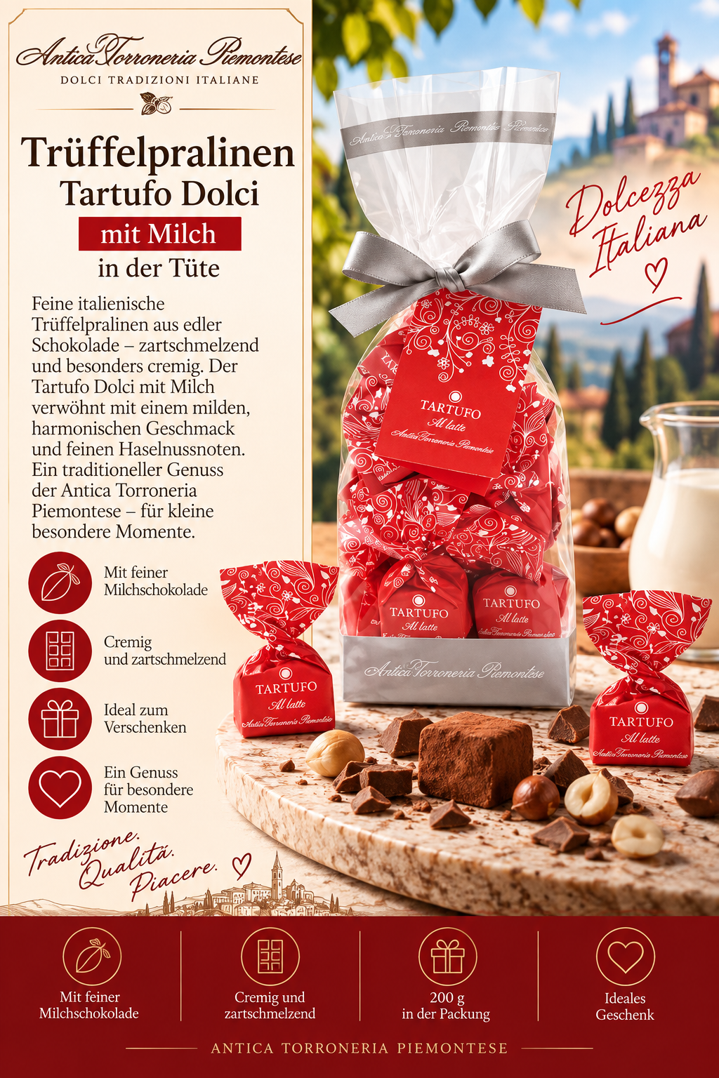 Schokoladenpraline, Trüffelpraline, Milchschokolade, Praline im Tütchen, Italienische Süßigkeit