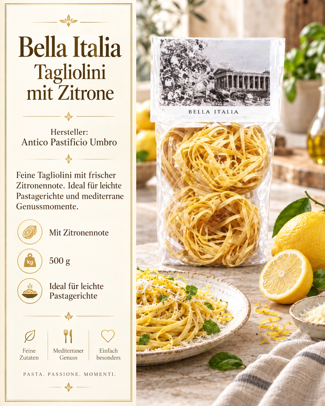 Tagliolini, Zitronennote, Pastagericht, 500 g, Zitrone