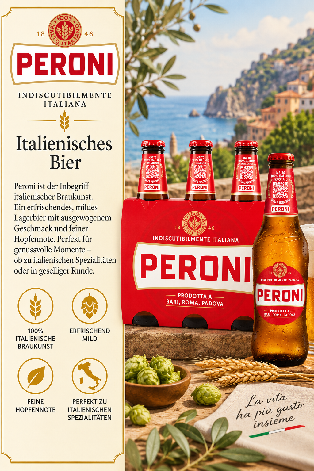 Italienisches Bier, Peroni, Bierflasche, Bierkästen, Italienische Braukunst