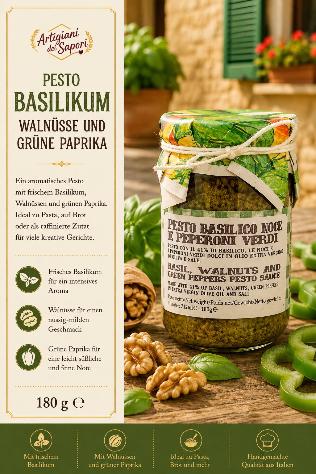 Pesto, Basilikum, Walnüsse, grüne Paprika, Glasglasur