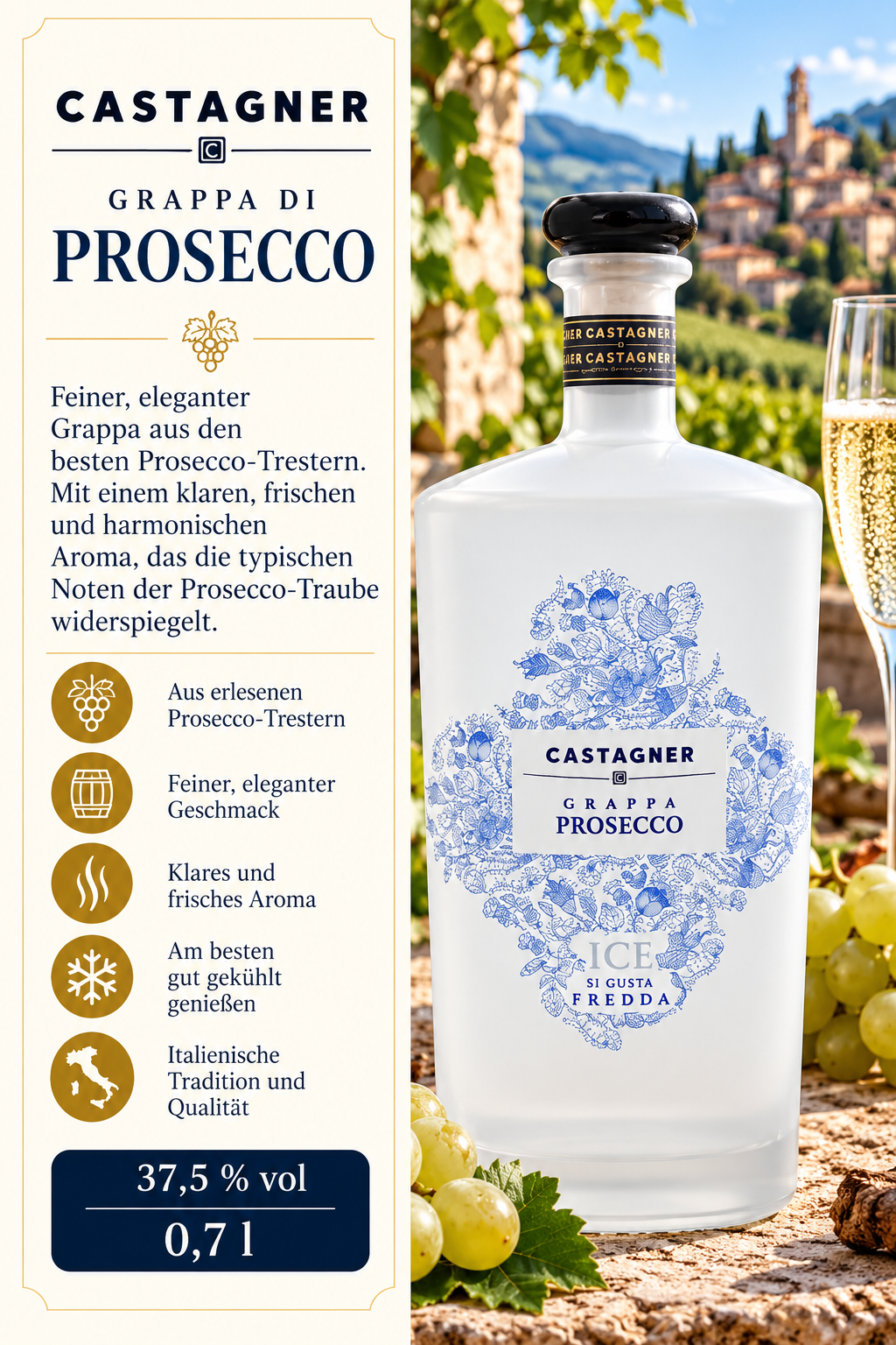 Prosecco, Weinbrand, Glasflasche, Prosecco-Traube, Italienische Tradition