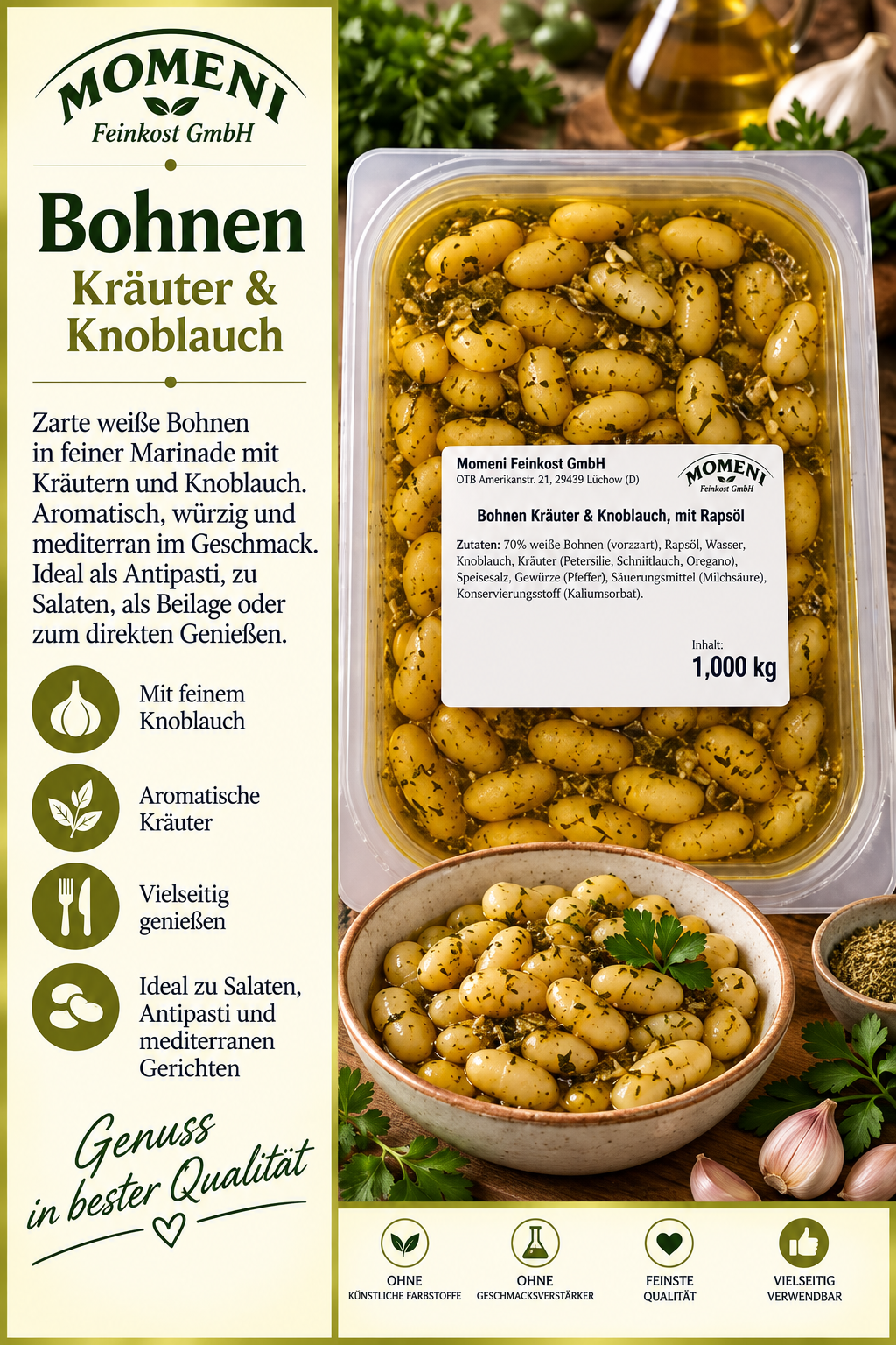 weiße Bohnen, Bohnen in Marinade, Kräuter, Knoblauch, Glasbehälter