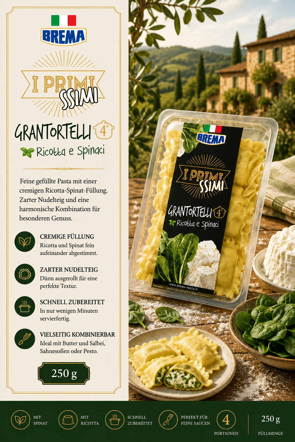 Pasta, Grantortelli, Ricotta und Spinat, Pastaform, 250 g