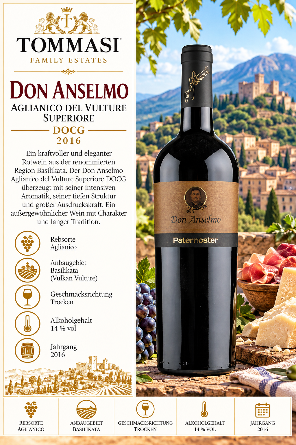 Weinflasche, Rotwein, Paternoster, Don Anselmo, 2016
