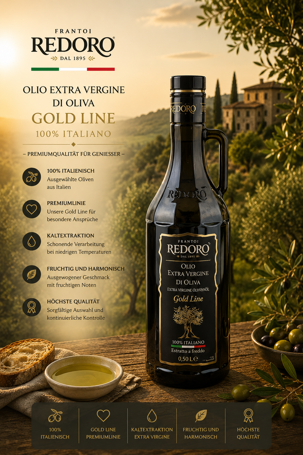 olivenoel, olivenöl, extra virgin, gold line, flasche