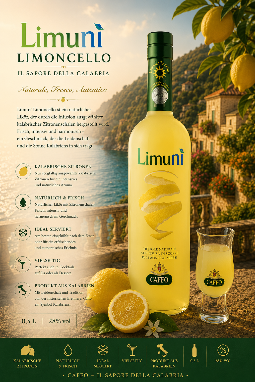 Limoni Likör, Limoni Flasche, Kalabrien Zitronen, Zitronenlikör, Caﬀo Markenetikett