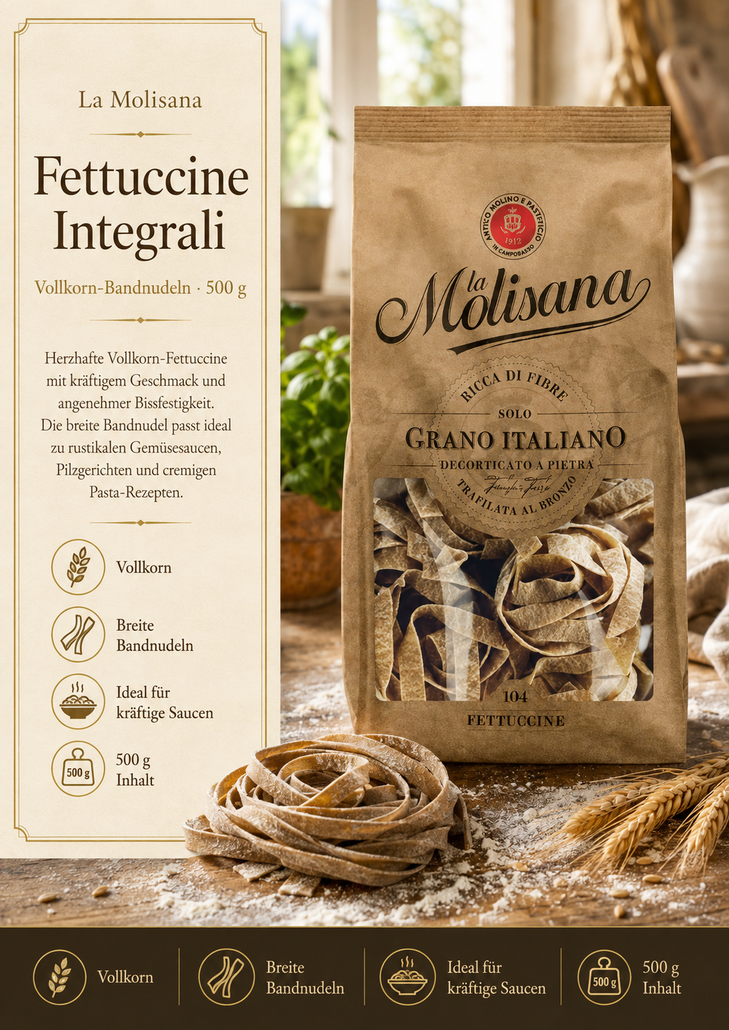Fettucine, Vollkorn, Bandnudeln, Pasta, 500 g