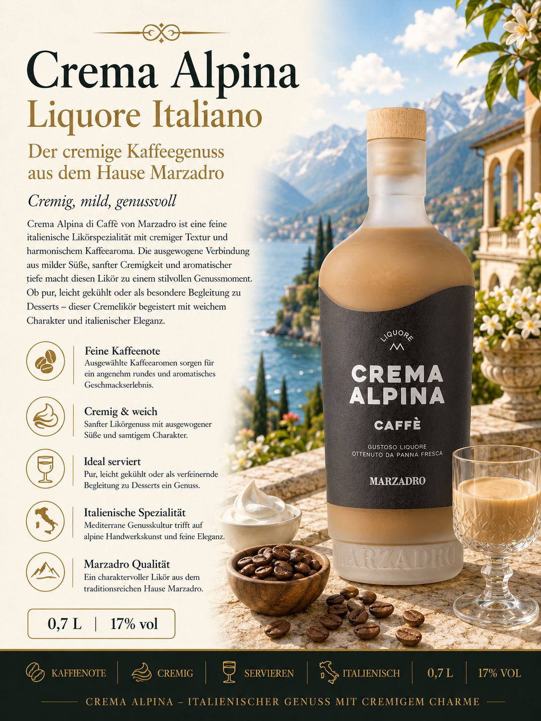 Likör, Kaffee-Likör, Italienisch, Crema Alpina, 0,7 L