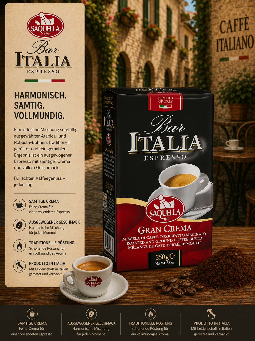 espresso, bar-italia, gran crema, italienischer-kaffee, verpackung