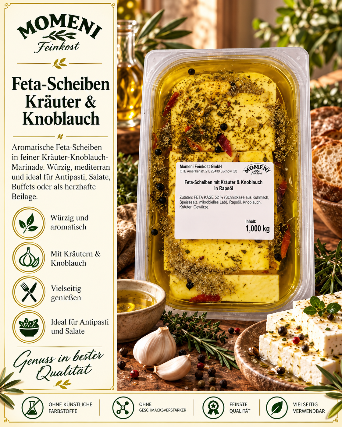 Feta-Scheiben, Kräuter, Knoblauch, Olivenöl, Marinade