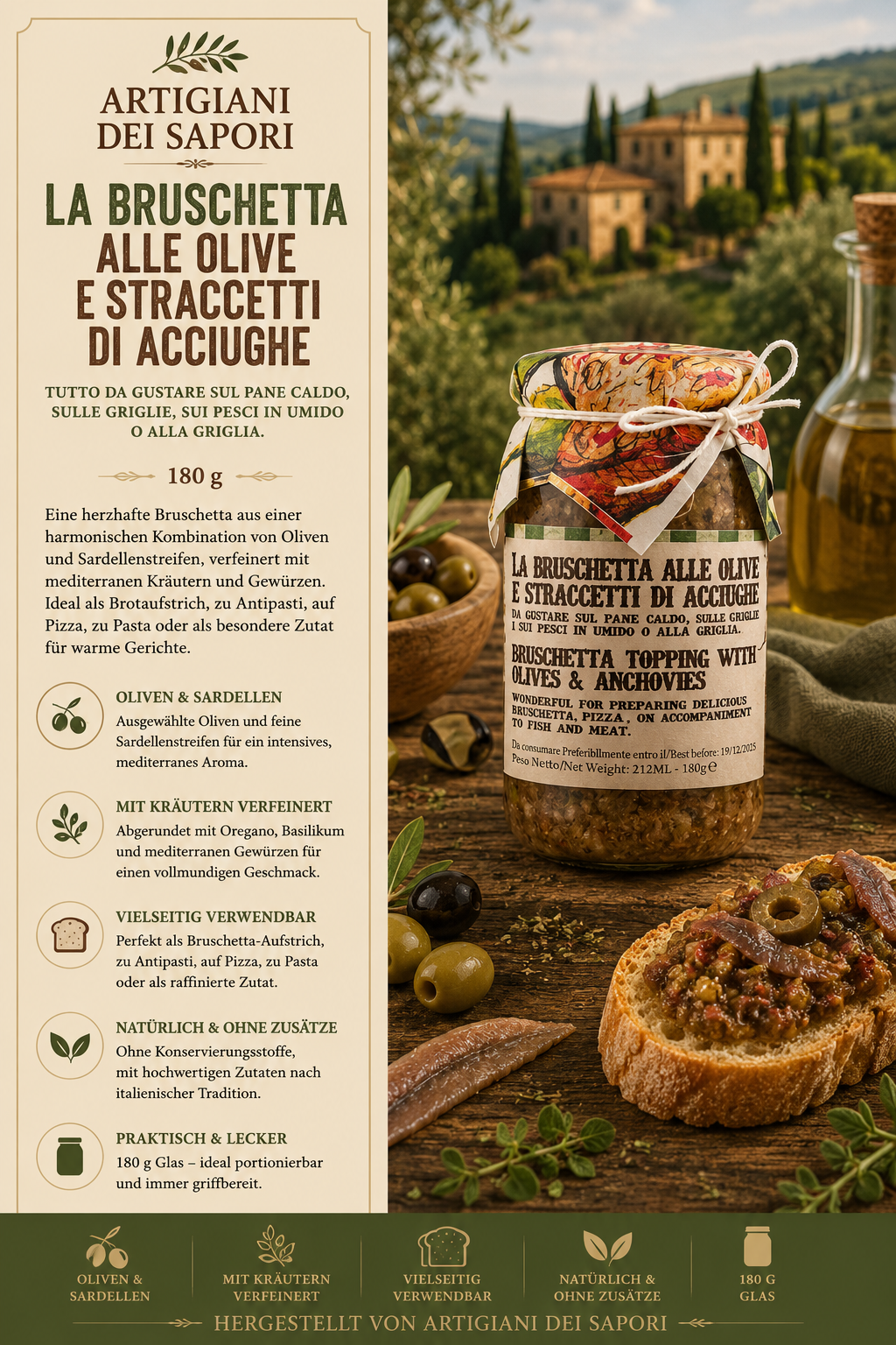 Bruschetta, Oliven, Anchovies, Glas, 180 g