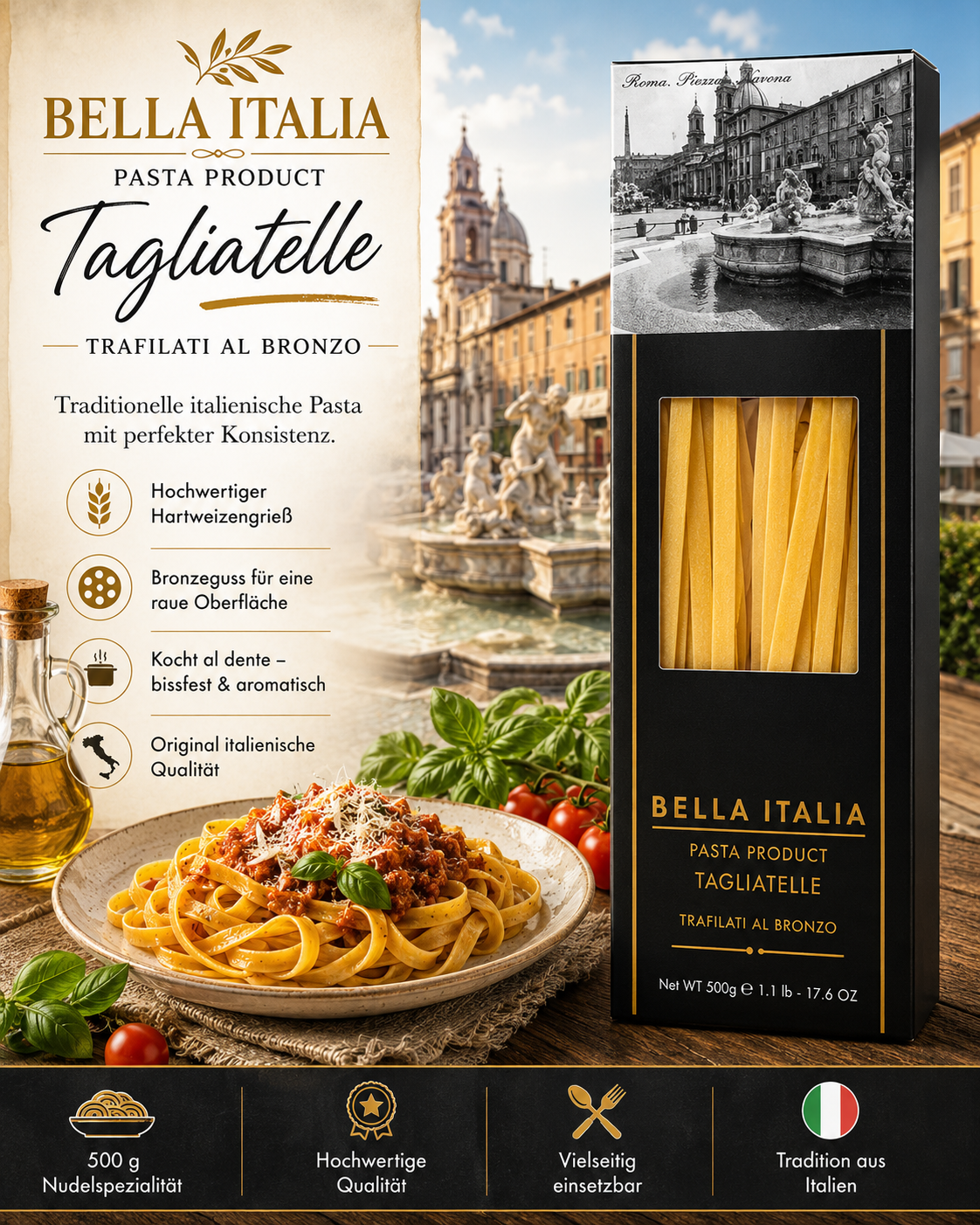 Pasta, Tagliatelle, Bronzefarbe, Italienische Qualität, Nudelgericht