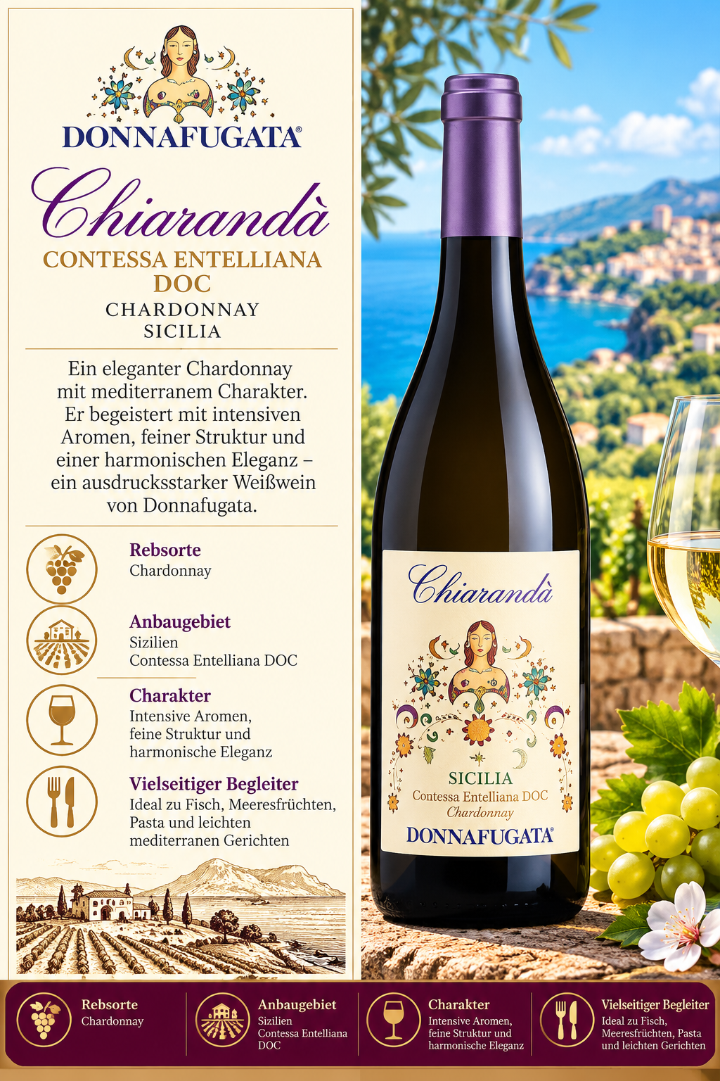 Chardonnay, Weinflasche, Sicilia, DOC, Contessa Entelliana