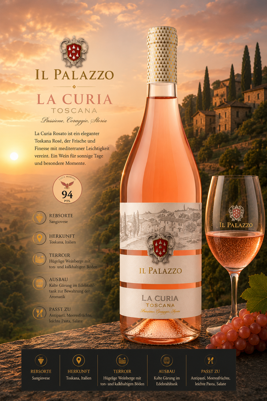 Roséwein, La Curia, Il Palazzo, Toscana, Weinglas