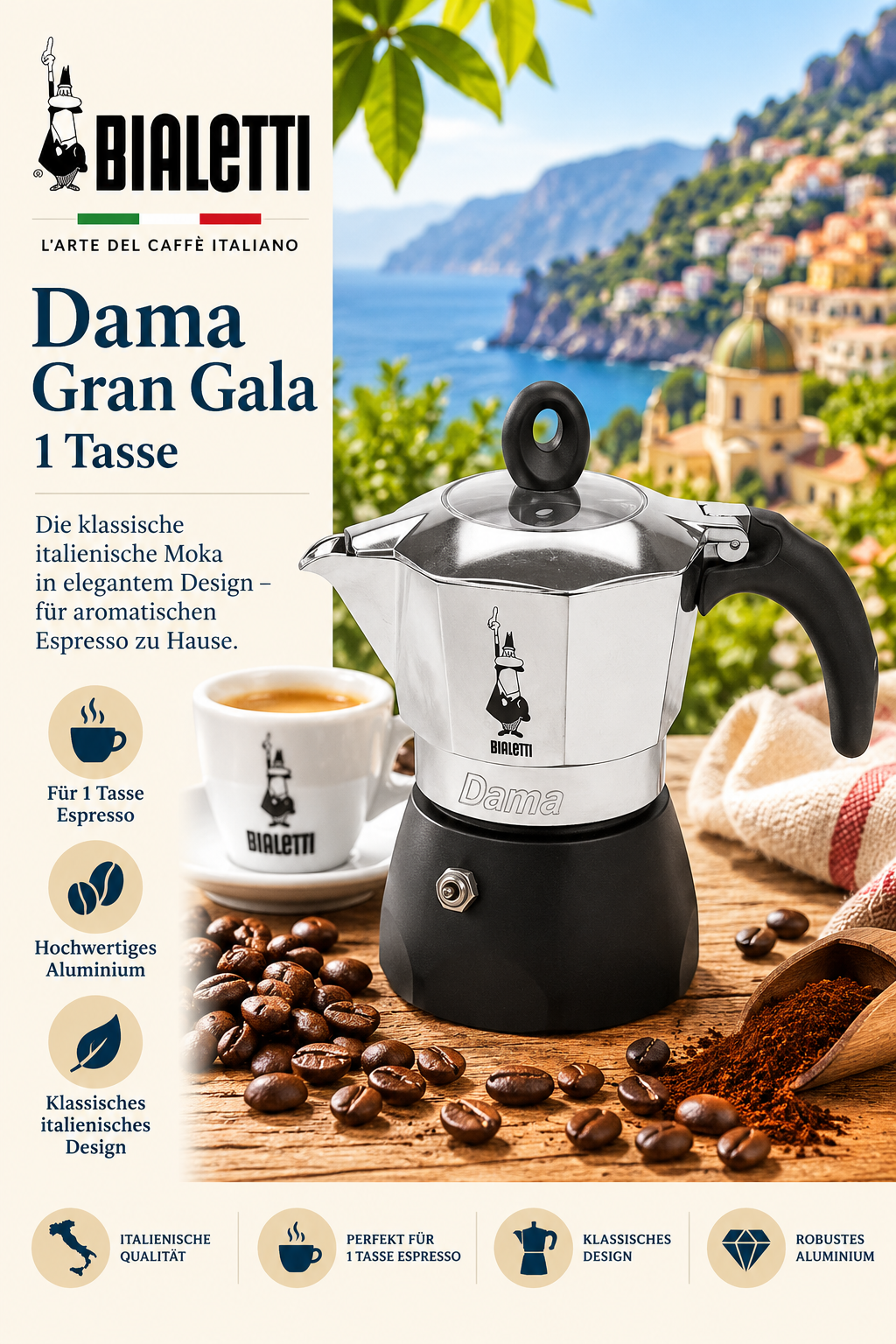 Espresso Kaffeekanne, Moka Express, Aluminium, Dama Gran Gala, 1 Tasse