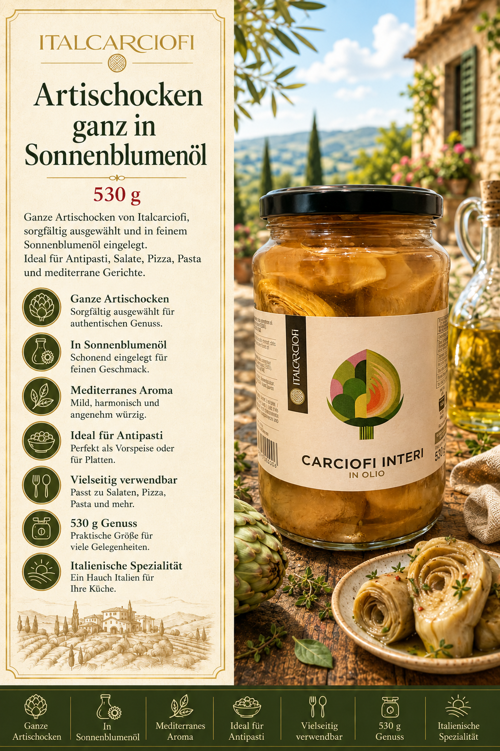 Artischocken, Sonnenblumenöl, Glasjar, Mediterranes Aroma, 530 g