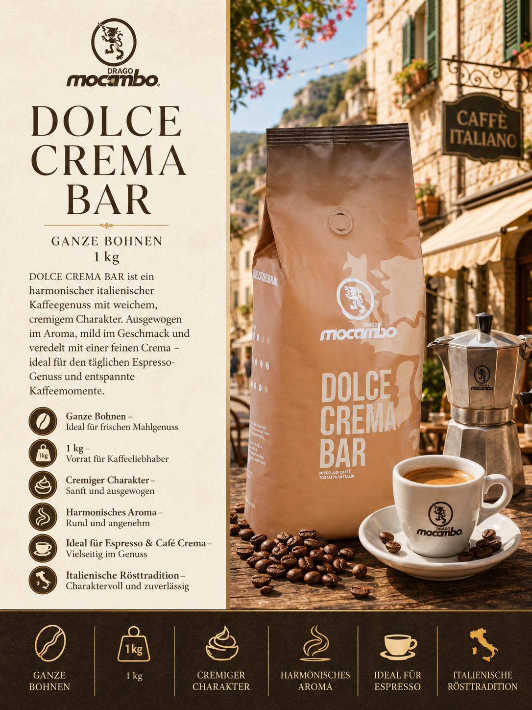 Kaffee, Kaffeemischung, Dolce Crema Bar, 1 kg, Packung/Beutel