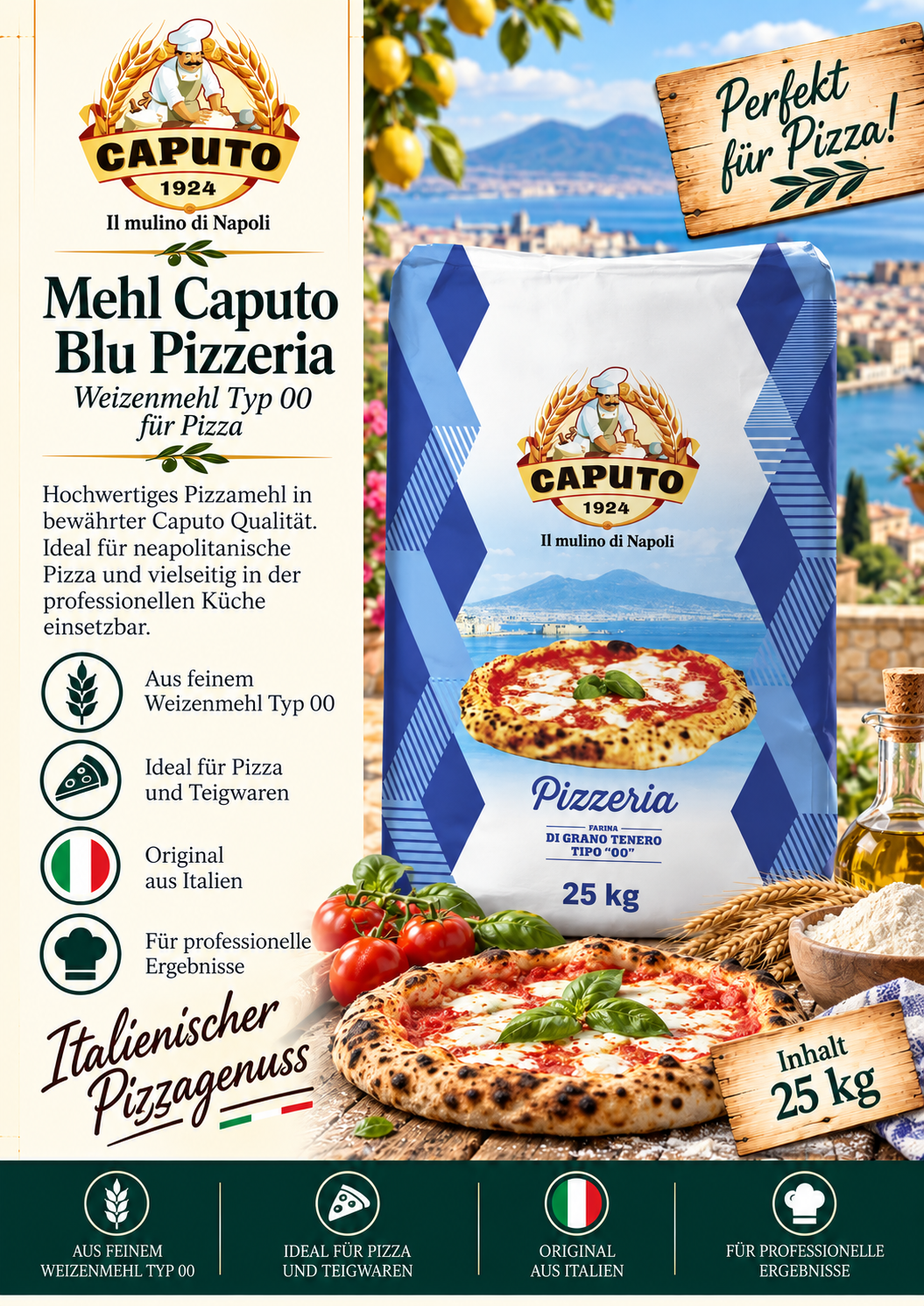 Pizza flour, Pizza dough, Pizzeria, Italienischer PizzaGenuss, 25 kg