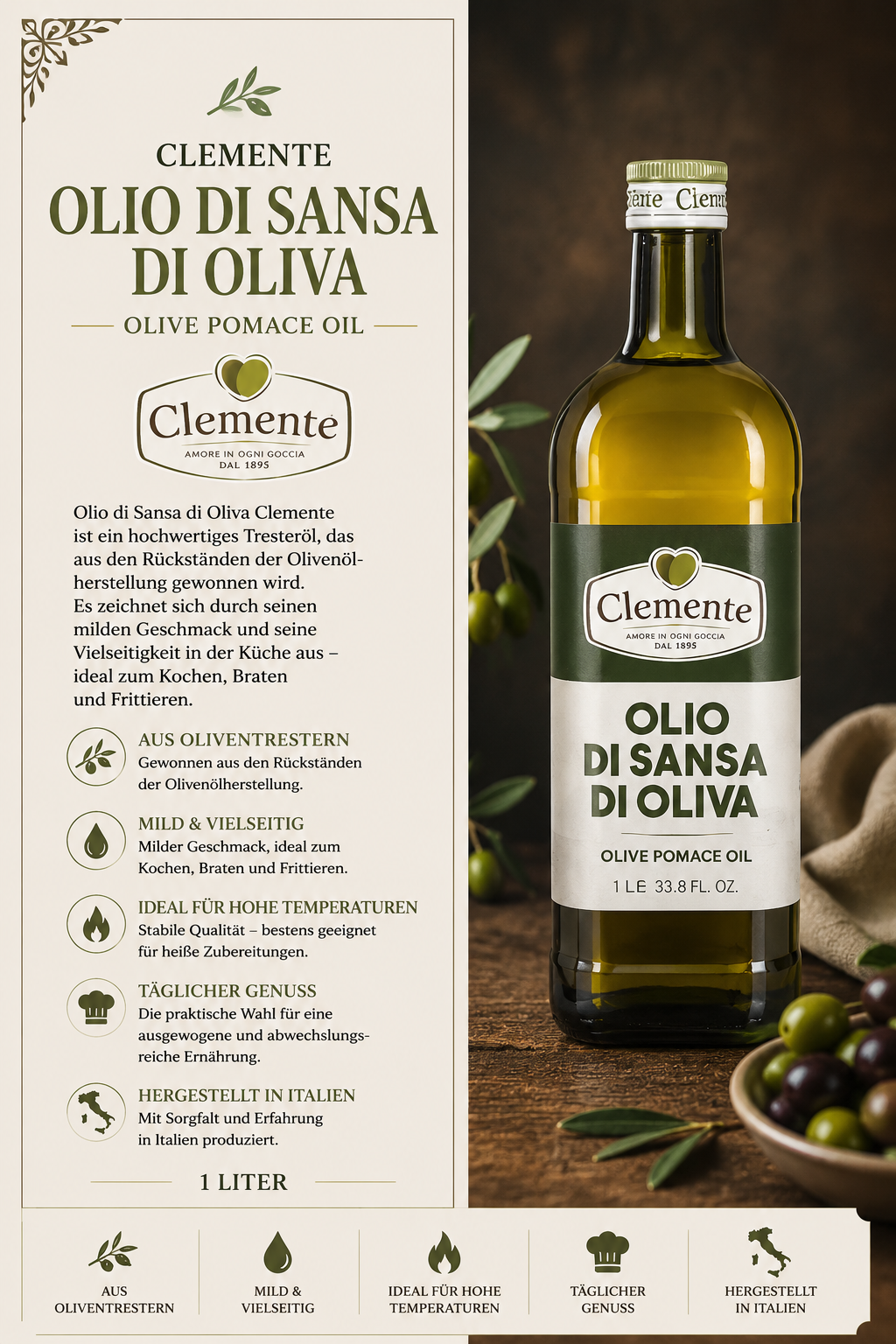 Olivenöl, Flasche Olivenöl, Pomace Öl, Clemente, Olivenölsreste Öl