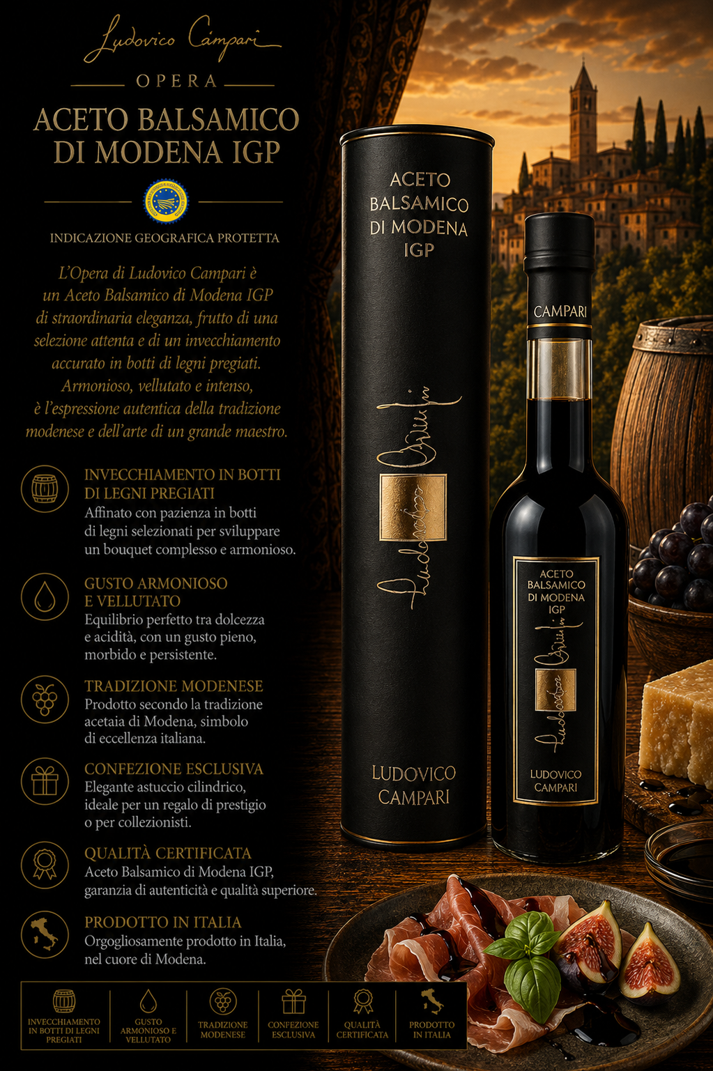 Aceto balsamico, Modena IGP, Flasche, Glasflasche, Holzverpackung