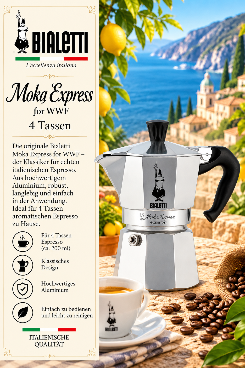 Moka Express, Kaffeemaschine, Aluminium, 4 Tassen, Italienische Qualität