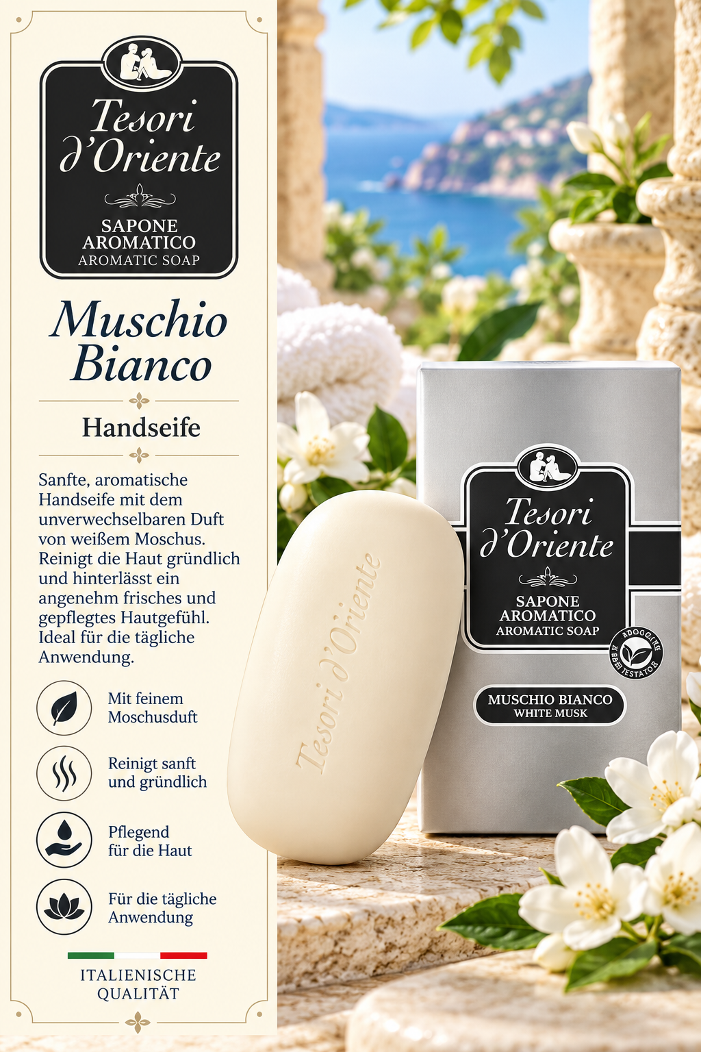 Handseife, Muschio Bianco, Sapone Aromatico, Italienische Qualität, Zartschmelzende Hautpflege