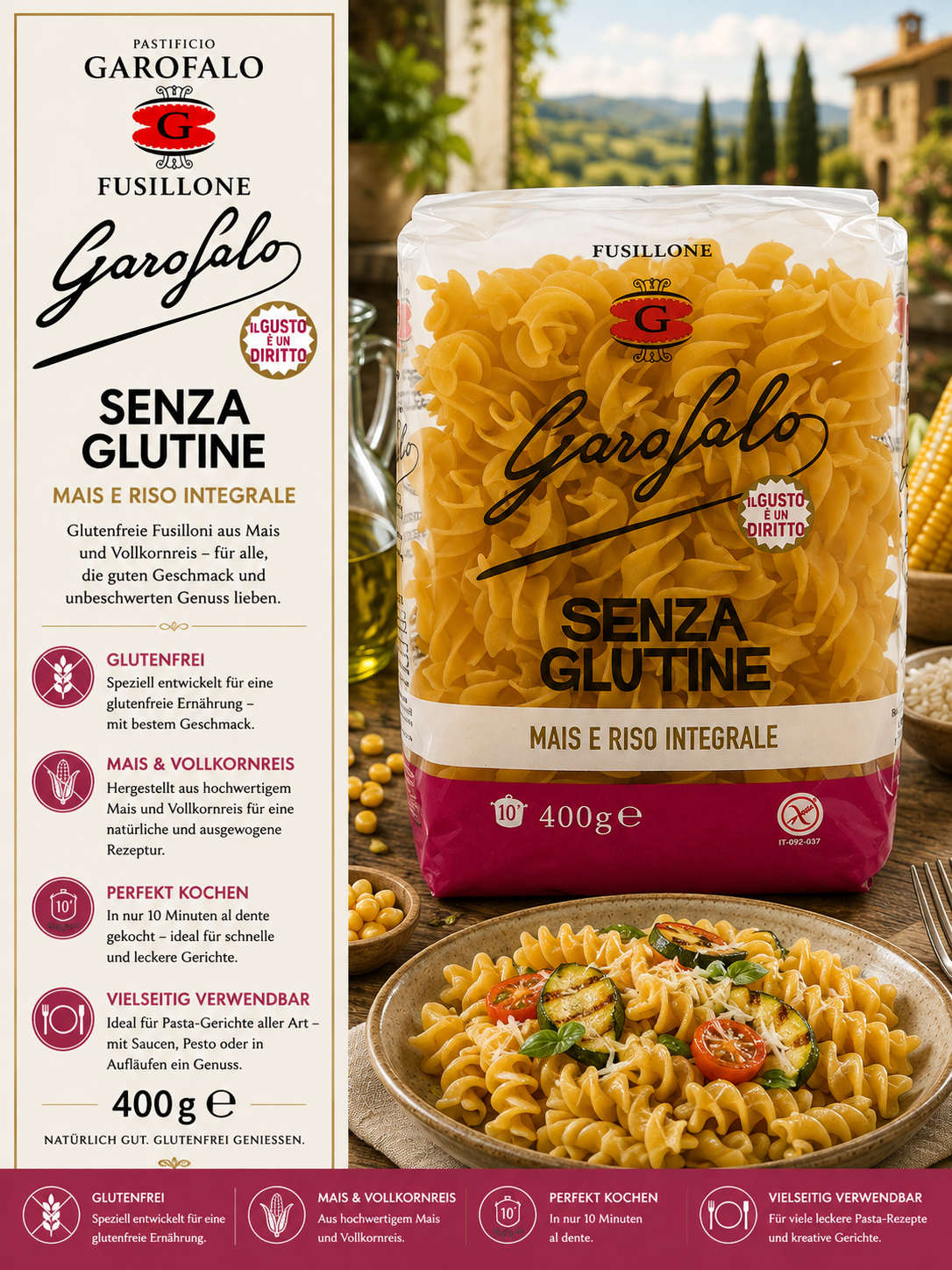 glutenfrei, pasta, fusilli, maïs e riso integrale, 400 g