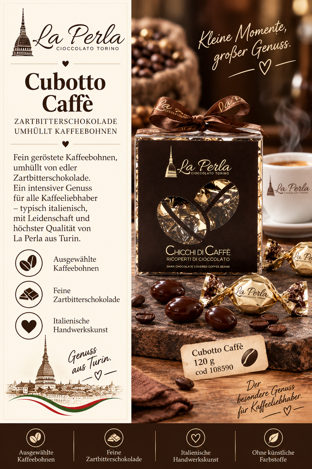Kaffeebohnen, Zartbitterschokolade, Schachtel, Kakaobohnen, La Perla