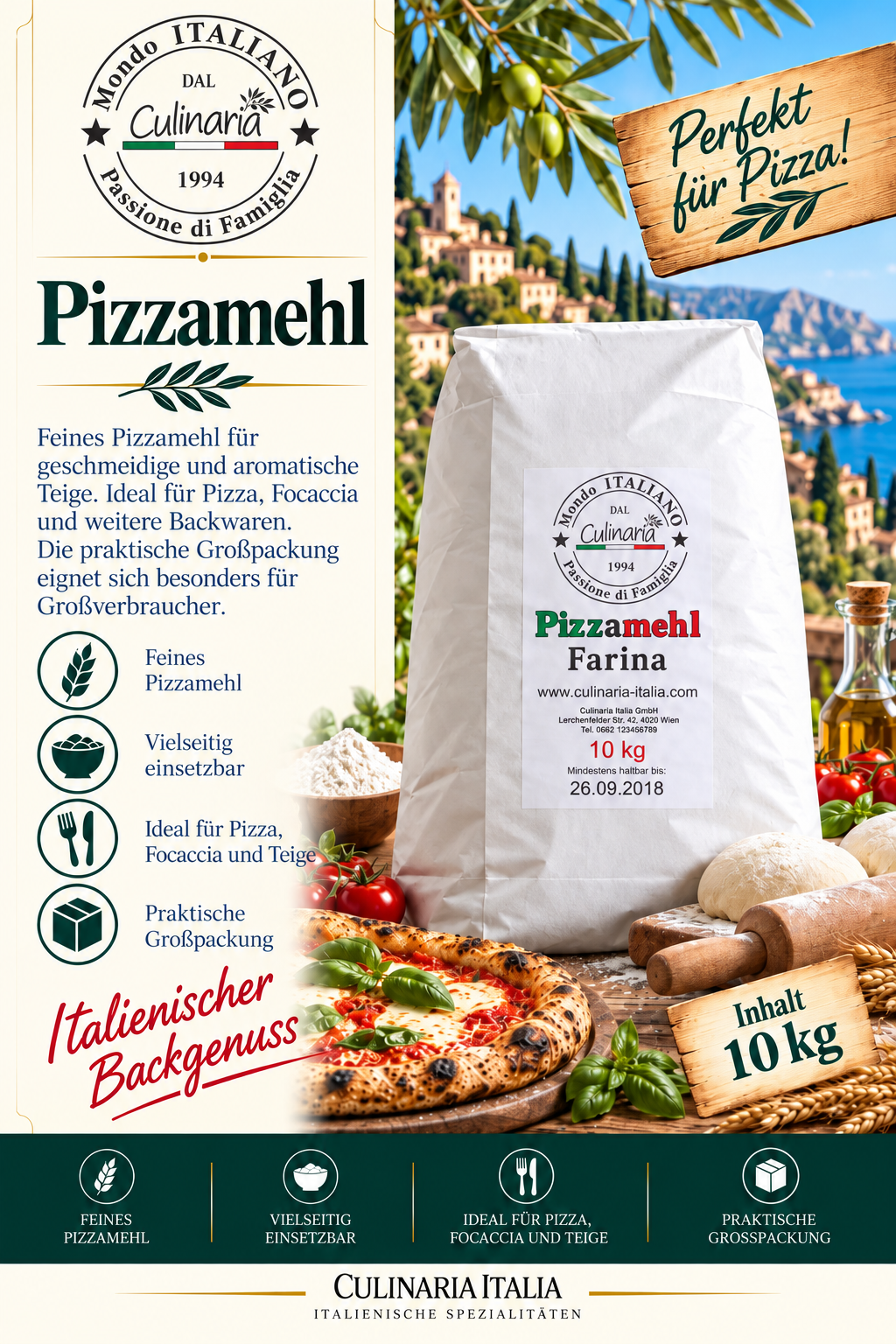 Pizza Mehl, Pizza Teig, 10 kg, Italienisches Mehl, Verpackung