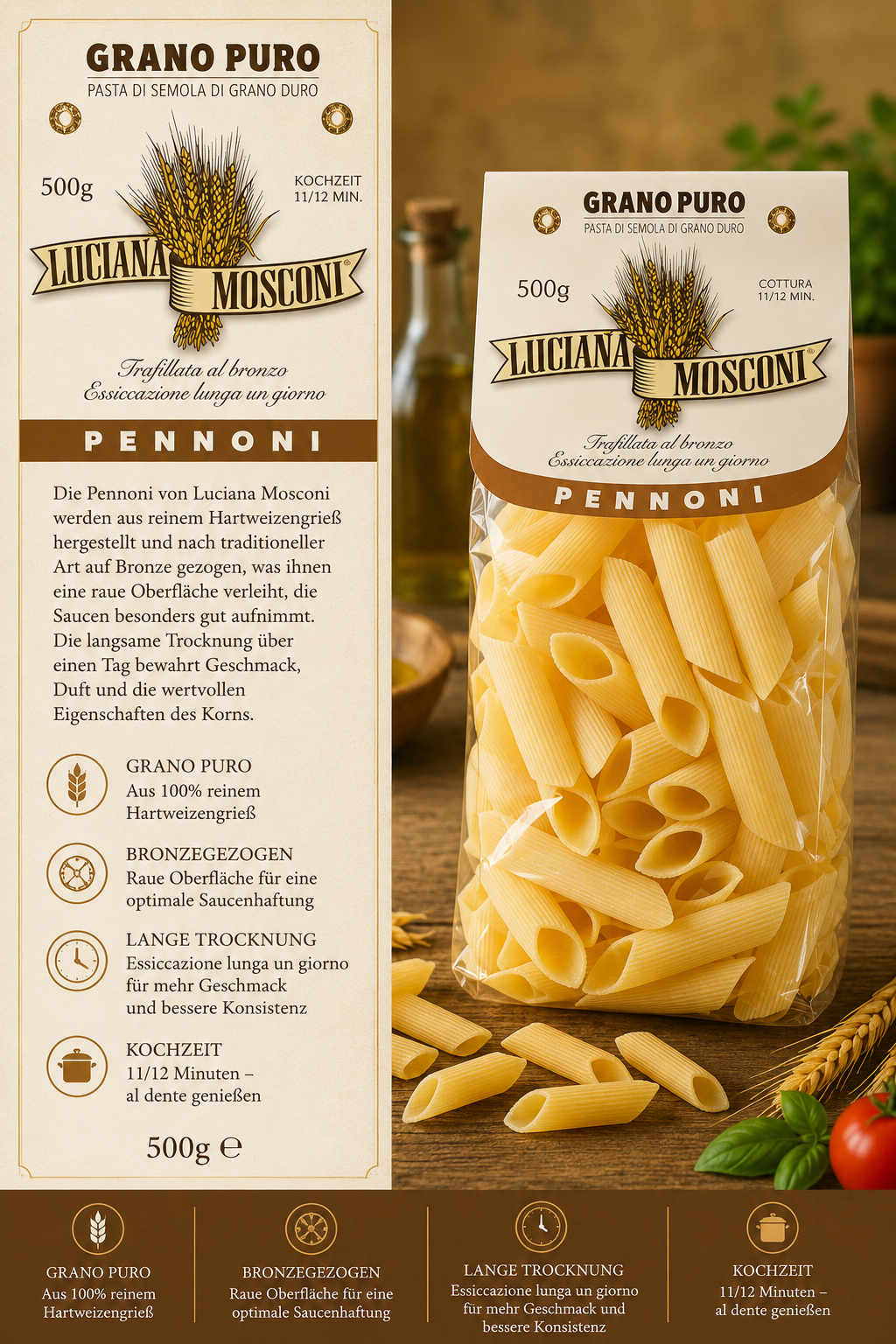 Penne, Grano Puro, Pastaschachtel, 500g, Luciana Mosconi