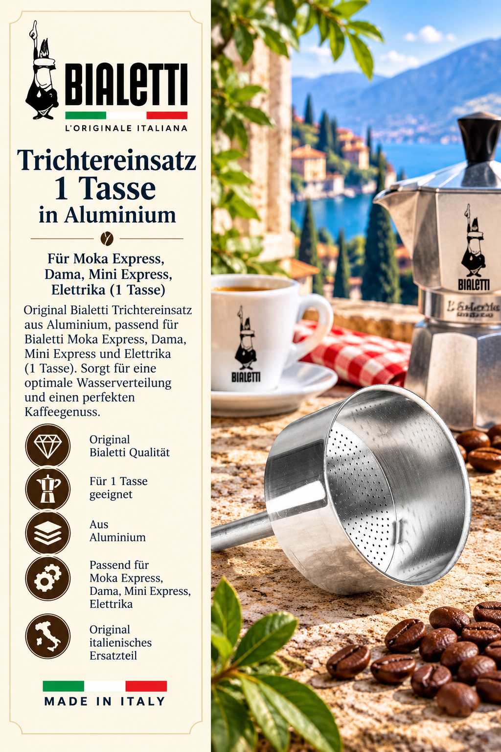 Aluminium-Trichtereinsatz, Kaffeezubehör, Espresso-Filter, Moka Express Zubehör, Made in Italy