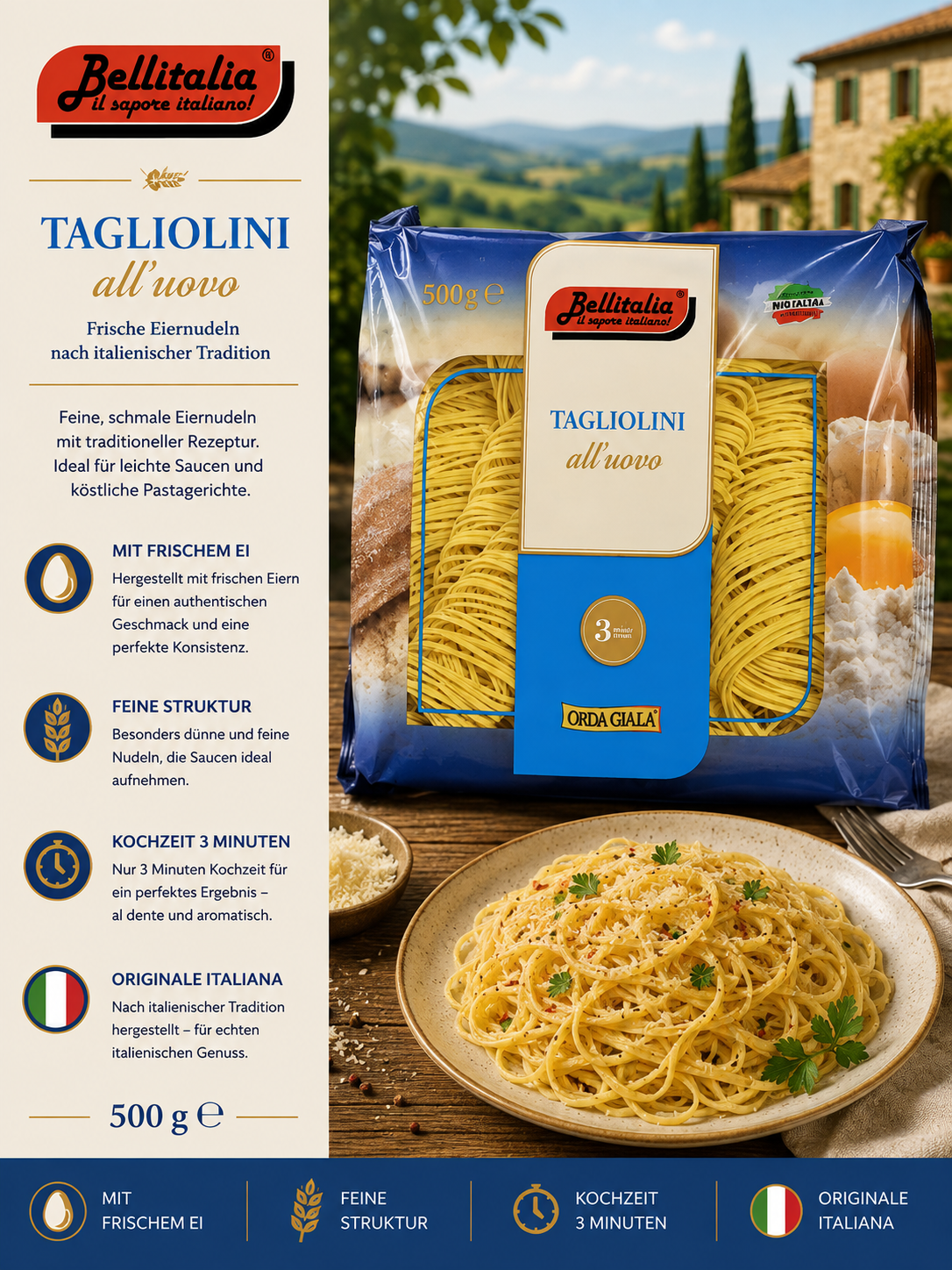 Tagliolini, Eierpasta, 500 g, blaue Verpackung, italienische Tradition