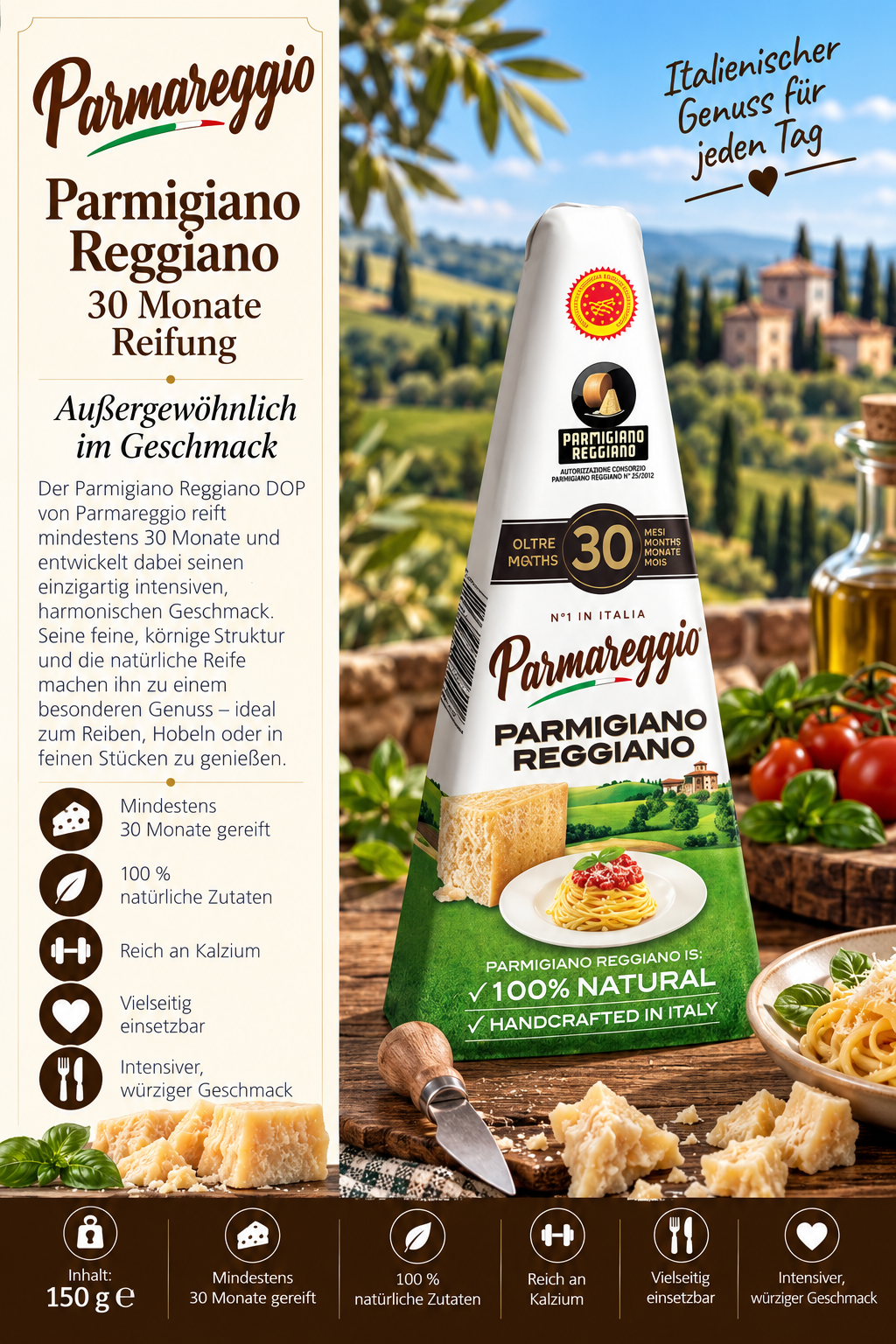 Käse, Parmesankäse, Parmigiano Reggiano, 30 Monate, natürliches Produkt
