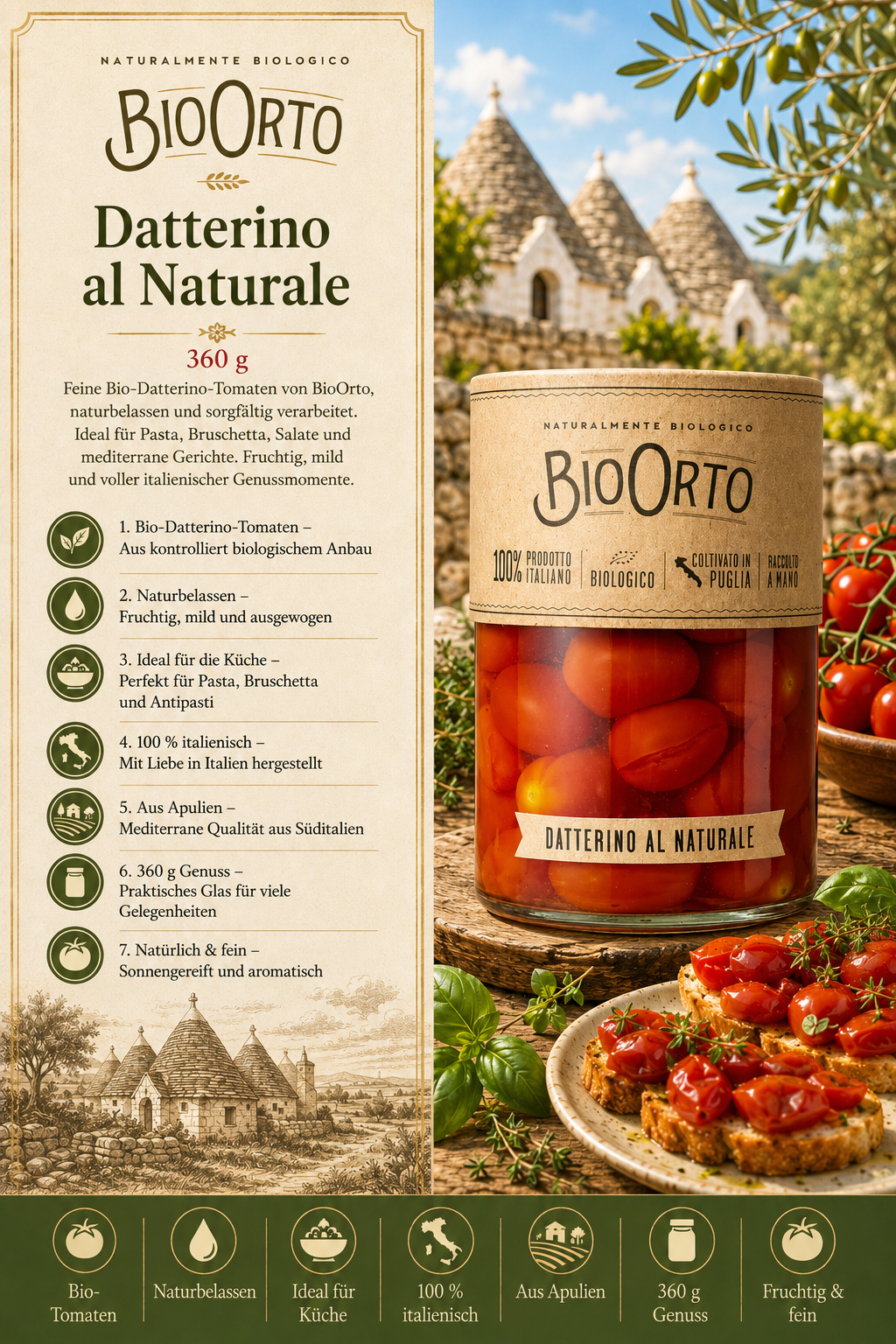 Tomatenprodukt, Datterino, Glas mit Tomaten, Italienische Verpackung, Bio/organisch Etikett