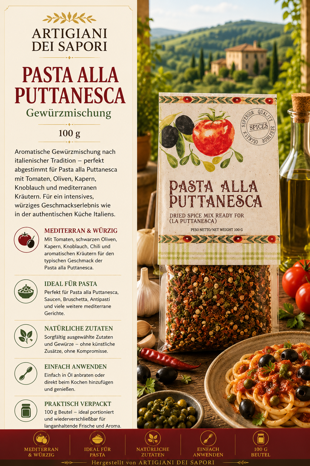 Pasta, Puttanesca, Gewürzmischung, Zutaten, 100 g