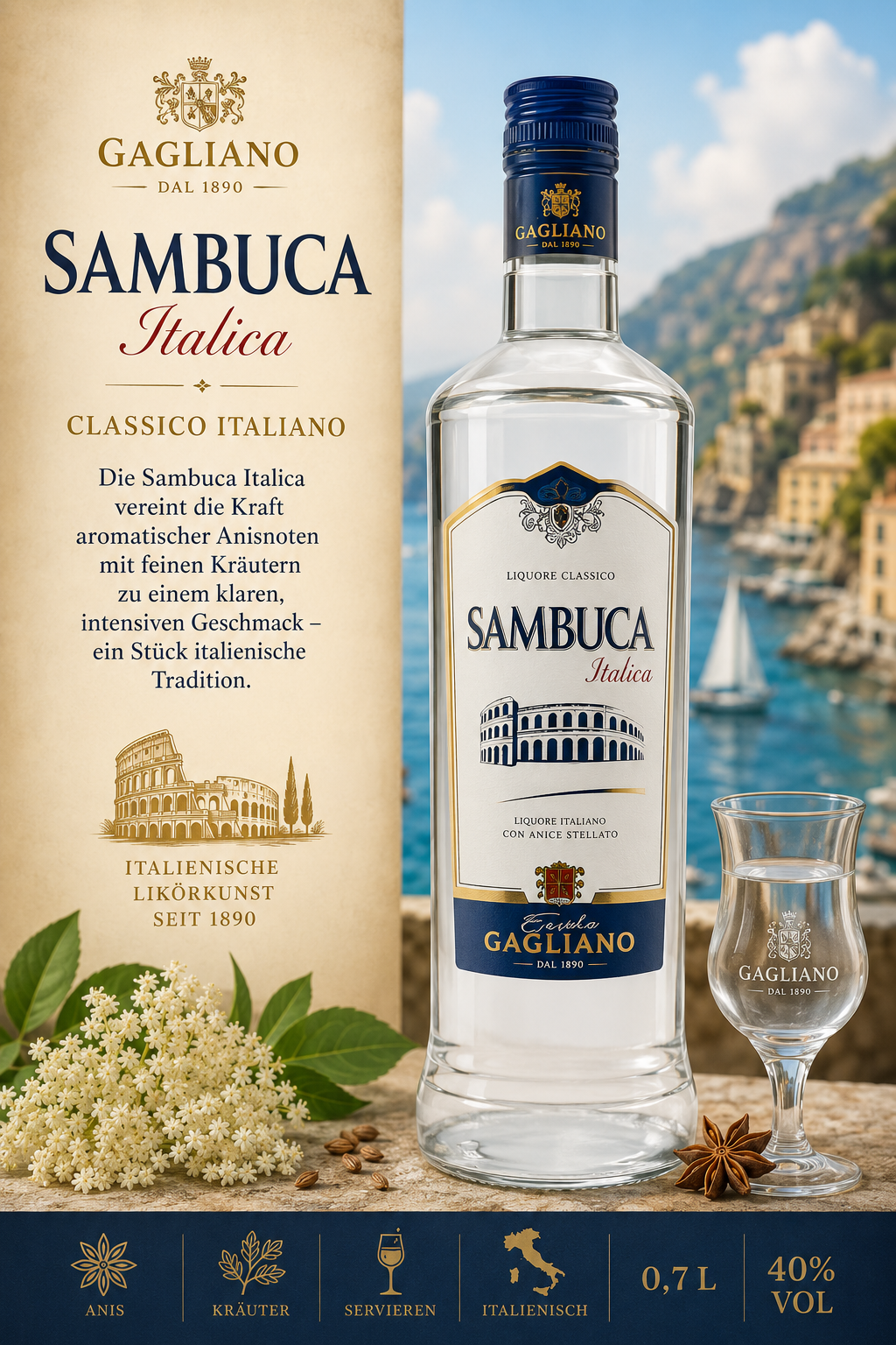Sambuca, Italica, Likör, Glasflasche, Italienische Tradition