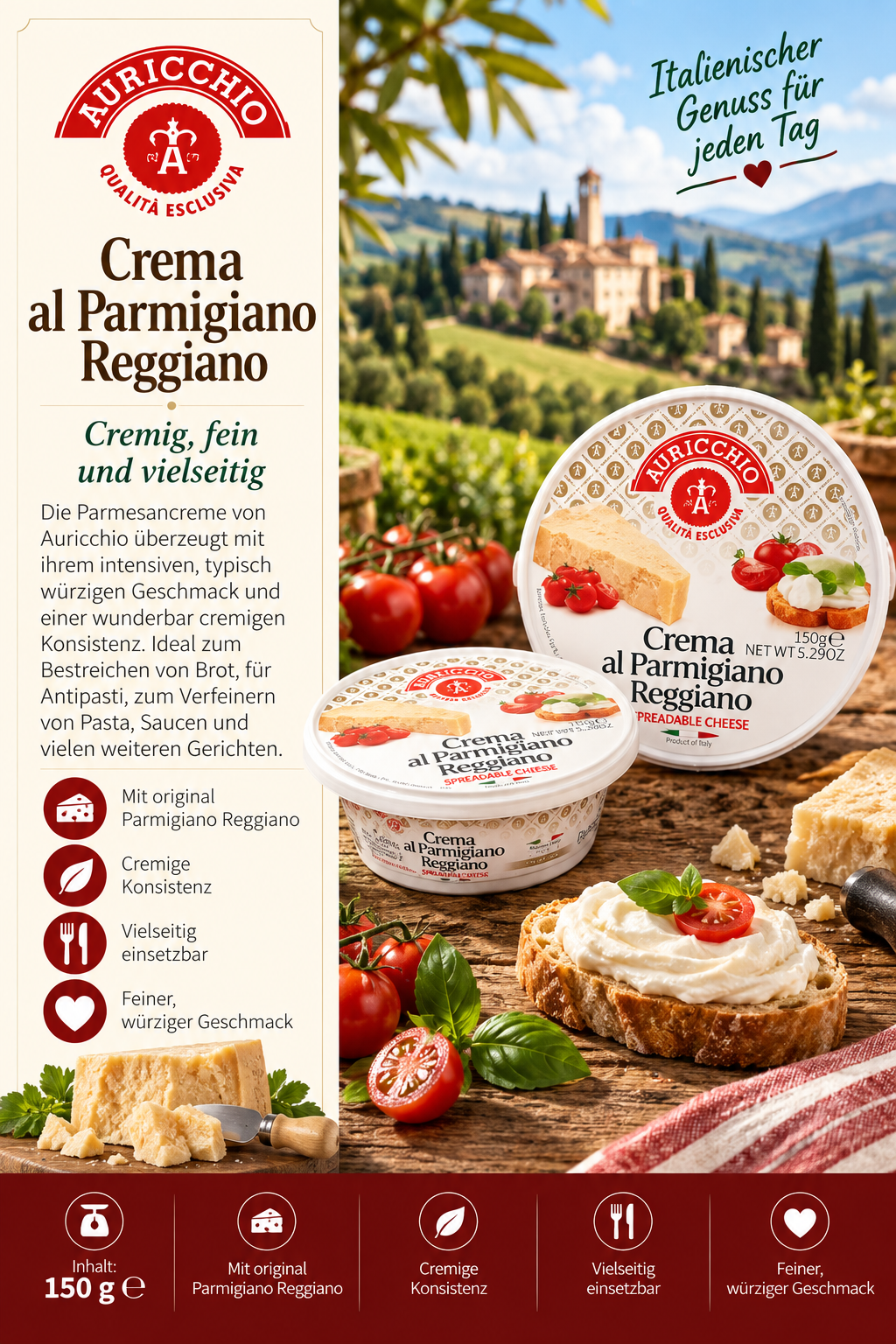 Käse, Parmigiano Reggiano, Cremige Textur, Tafelbild, 150 g
