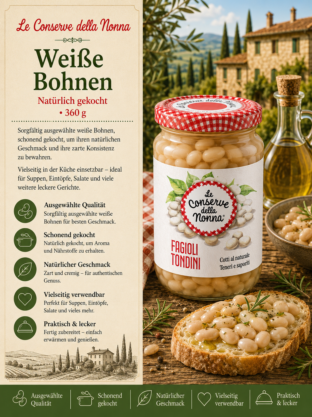 Weißbohnen, Glas Bohnen, Natur gekocht?, Le Conserve della Nonna?, Italienische Konserve