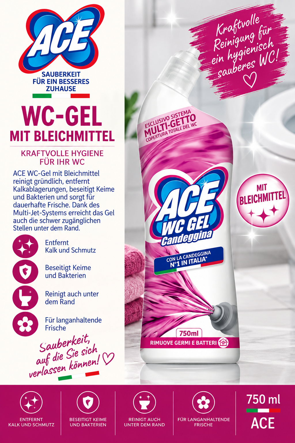 WC-Gel, Bleichmittel, Kalkablagerungen, Bakterien, 750ml